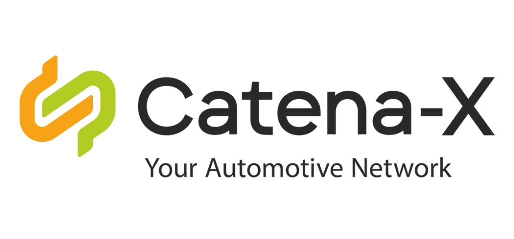 The logo for "Catena-X" featuring a stylized emblem to the left of the text. The emblem consists of interlocking shapes in orange and green, resembling a continuous loop or a stylized chain link. To the right of the emblem, the text "Catena-X" is written in bold black font. Below this, the slogan "Your Automotive Network" appears in smaller, lighter text.