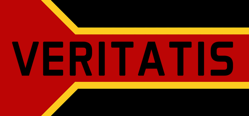 A banner with a red background bordered by yellow lines contains the word "VERITATIS" in large, bold black letters across the center. The design has a minimalistic, streamlined appearance, with the text taking up the majority of the space in the center of the banner.